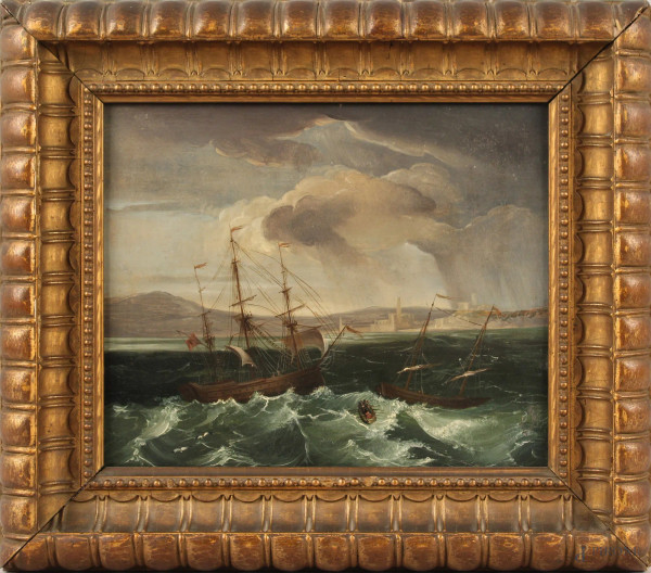 Mare in tempera con imbarcazioni, olio su tavola, 24,5x30,5 cm, XIX sec.