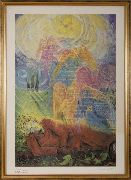 Felice Ludovisi, Visione, litografia, firmato in basso a destra e dedicato in basso a sinistra, esemplare 85/100, cm 100x70,5 entro cornice