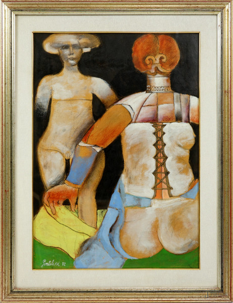 Franco Gentilini - Ragazze che si vestono, olio su cartone, firmato e datato in basso a sinistra Gentilini [19]72, cm 50,7x70,7, entro cornice