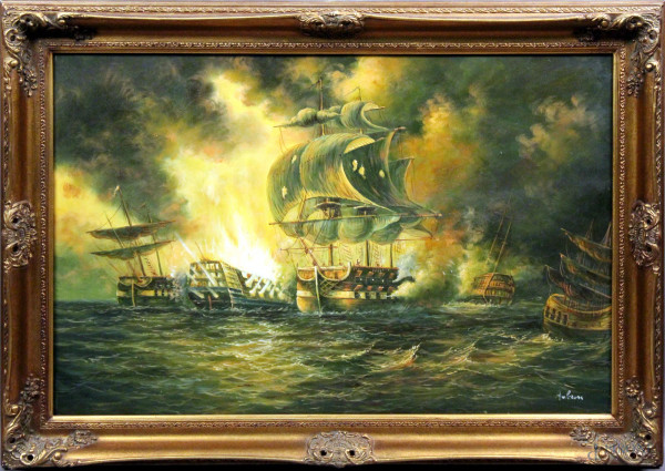 Battaglia navale, olio su tela 60x90 cm, firmato, entro cornice.