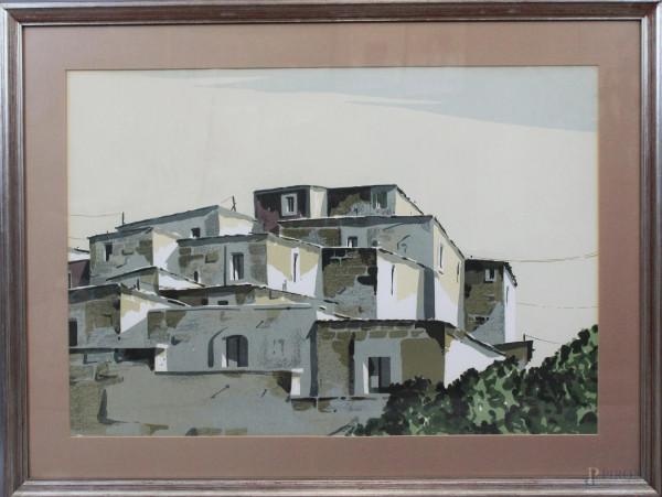 Lino Casadei - Case del Sud, litografia a colori, cm.48x68, in cornice, (difetti sulla carta).
