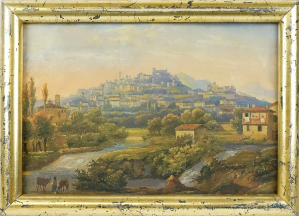 Veduta della città di Bergamo, acquarello su carta, cm 23x33, firmato, entro cornice.