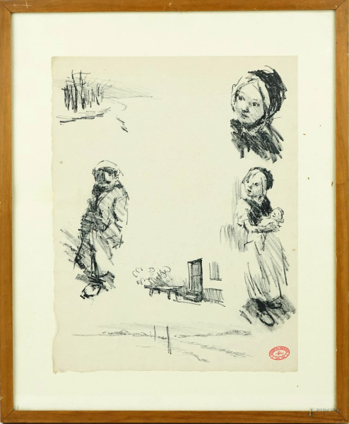 Studio di figure, carboncino su carta, cm 32x25, timbro Atelier Théo Van Elsen in basso a destra, entro cornice.