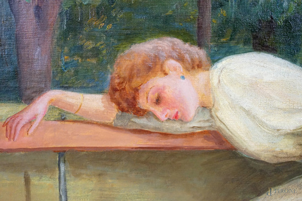 Il riposo nel parco, olio su tela, cm 48,5x69, XX secolo