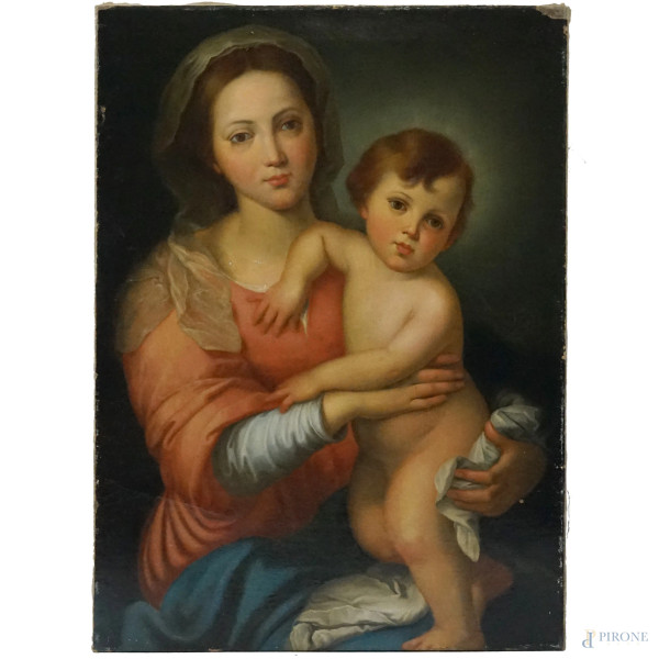 Seguace di Bartolomé Esteban Murillo (1618-1682), Madonna col Bambino, olio su tela, cm 80x58,5, (piccole cadute di colore)