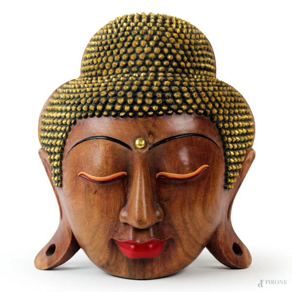 Testa di Buddha, in legno scolpito e dipinto, cm h 42x35, arte orientale, XX secolo