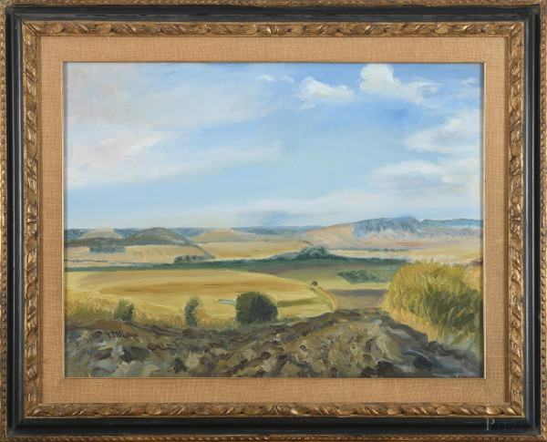 G.F.Vaccari (XX), Cielo sulla valle, acrilico su tela, cm 60,5x80,5, firmato in basso a destra, firmato e titolato al retro, entro cornice