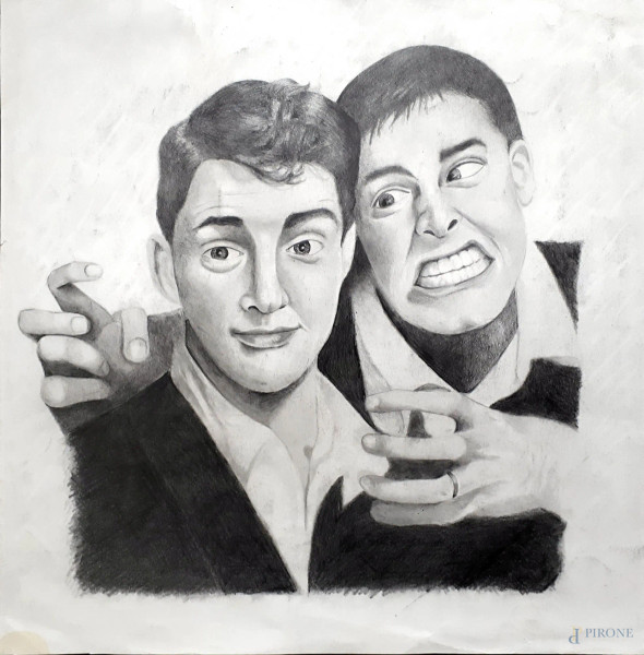 Bozzetto cinematografico raffigurante Dean Martin e Jerry Lewis in una scena di film anni 50, grafite su carta, cm 44x45, iscritto al retro Matteo Cappuzzo
