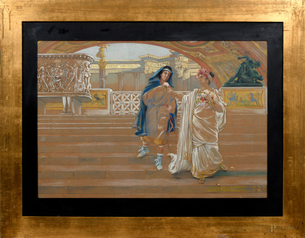 Giovanni Costantini ( 1872-1947), Donne romane, tecnica mista su carta, cm 49x71, entro cornice, firmato in basso a destra, (difetti)