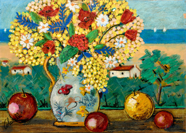 Vaso con fiori, XX secolo, olio su tela, cm 51x70, firmato in basso a destra, (difetti)