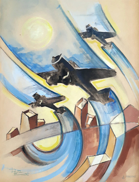Aeropittore del Novecento, Aerei in volo, tempera su carta, cm 23x30, firmato Dante Bonatti, entro cornice