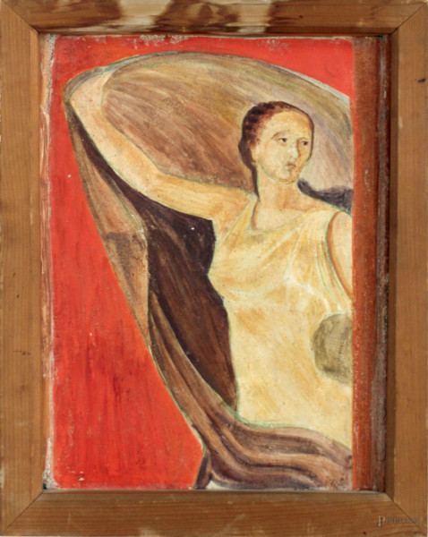Figura femminile, olio su mattonella, primi &#39;900, cm 35 x 28, entro cornice.