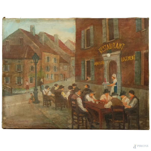 Scorcio urbano con ristorante, olio su tela, firmato in basso a sinistra, cm 45x60