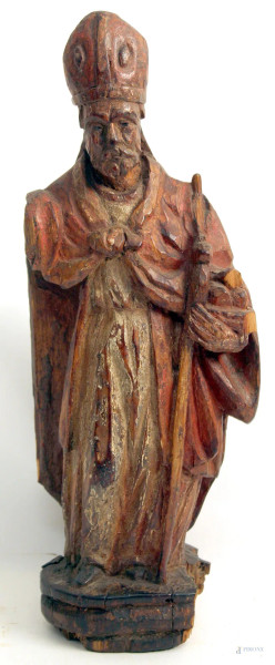 Scultura da processione, raffigurante San Nicola, in legno dipinta, con manico sul retro, XVIII sec., H. 32 cm., (difetti).