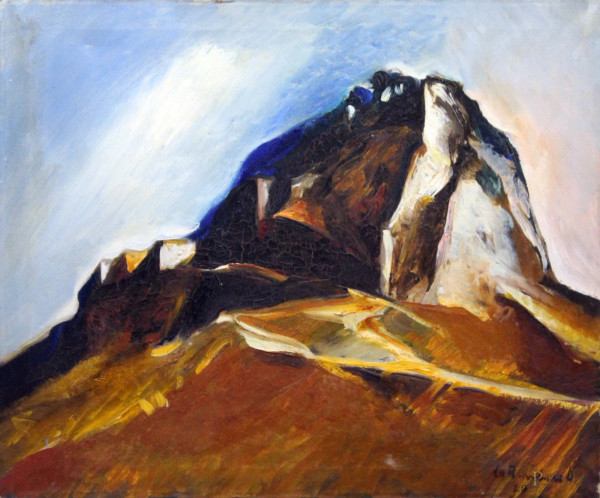 La montagna, olio su tela firmato, Praga, 1970, cm 60 x 50.