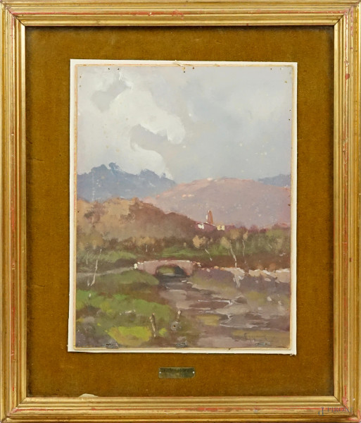 Paesaggio fluviale con ponte, olio su compensato, cm 30x23, firmato Lorenzo Gignous, entro cornice.