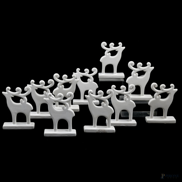 Lotto di 10 segnaposto a guisa di renna di Natale in porcellana bianca, altezza cm 11 (segni di usura)