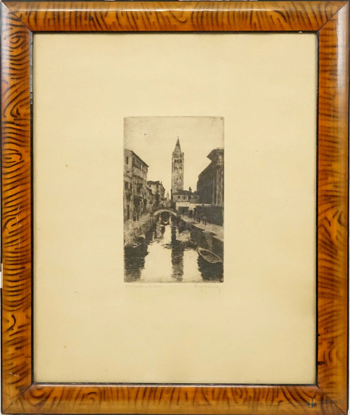 Crepuscolo a Venezia, incisione, cm 51,5x41,5, firmato, entro cornice