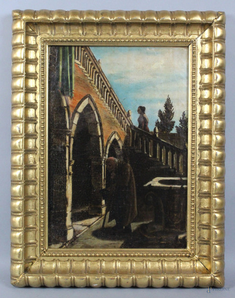 Scorcio di Venezia con figure, olio su tela, cm. 38,5x27,5, firmato V. Caprile, entro cornice.
