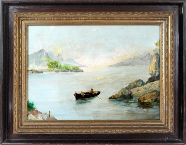 Marina con imbarcazione e figura, olio su cartone, cm.34x45,5, firmato Ricciardi, entro cornice