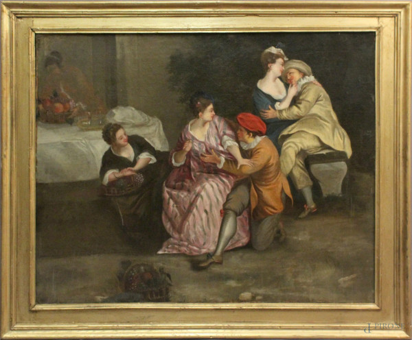 Pittore del XVIII secolo, Scena galante, olio su tela, cm. 70,5x88, entro cornice.