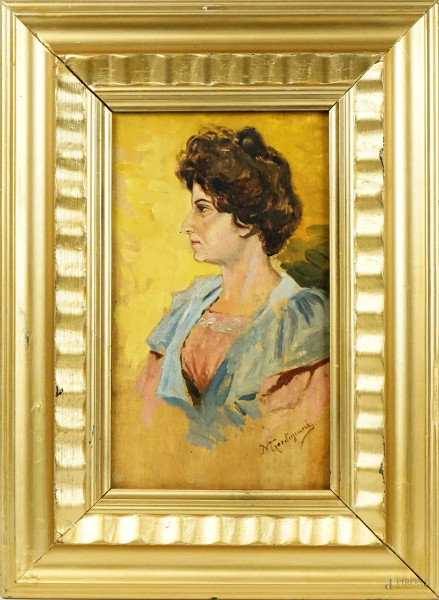 Ritratto di donna di profilo, olio su tavoletta, cm 25x15, firmato, entro cornice