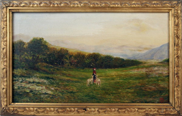 Paesaggio con pastorella, olio su tela, cm 29,5x50,5, siglato e datato, entro cornice.