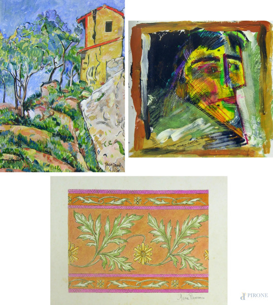 Jean Renè - Marc Castle - Maria Pieroni, lotto composto da tre dipinti su carta di varie epoche e dimensioni  