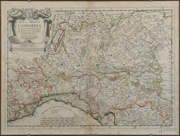 Incisione raffigurante carta geografica dell'Alta e Bassa Lombardia, XIX-XX secolo, cm 46,5x62,5, entro cornice, (segni di usura, tracce di umidità e piegatura, foxing, gore, difetti)