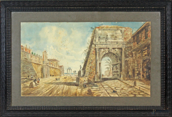 Veduta dell'Arco di Tito con figure, acquarello su carta, cm 32x56, firmato F.Pinci, entro cornice.