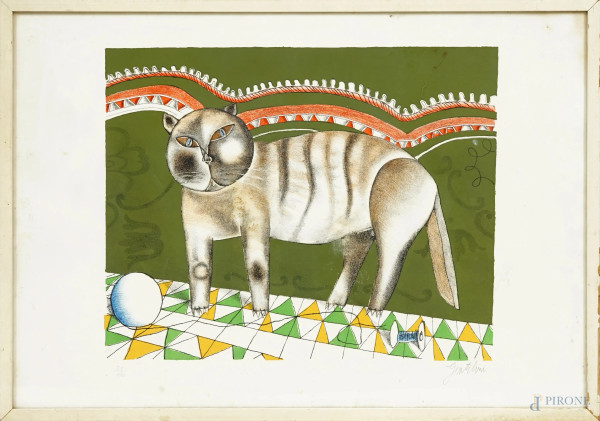 Franco Gentilini (1909-1981), Gatto con gomitolo, litografia a colori (52/100), cm 47,5x68, firmata in basso a destra, entro cornice