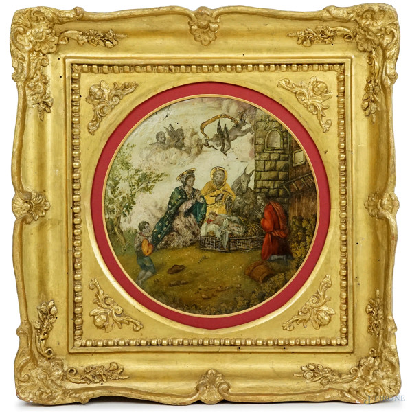 Natività, antico dipinto ad olio su tavola, cm 24,5x24, entro cornice, (difetti).