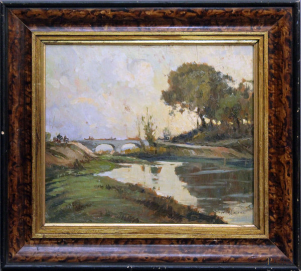 Paesaggio con ponte, olio su tavola, 31x26 cm, entro cornice firmato