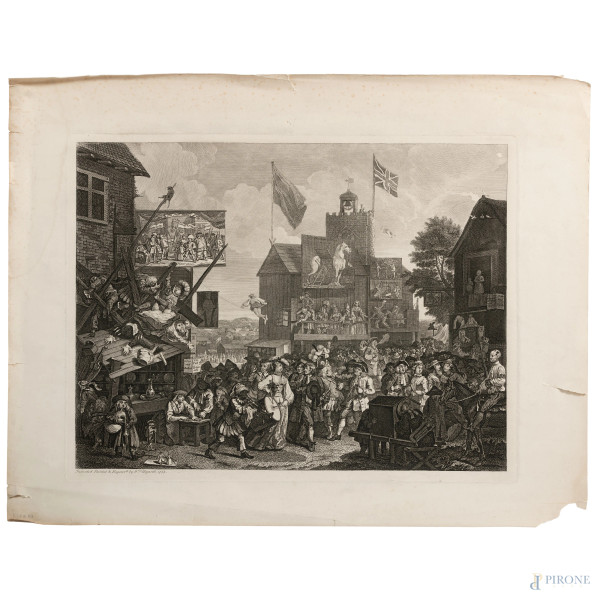 William Hogart, (1697 – 1764), Coppia di incisioni raffiguranti "Combattimento di galli" e "Parata", misure massime foglio cm 48x61, (segni di usura, tracce di umidità, strappi, foxing)