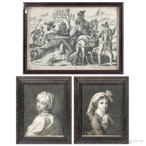 Lotto di tre stampe, XIX secolo, misure massime cm 22x17, entro cornice, (segni di usura, tracce di umidità, foxing, segni di piegatura, piccole lacune)