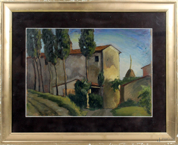 Paesaggio con cascina, olio su tavola, cm. 27x36,5, firmato Llewelyn Lloyd, entro cornice.