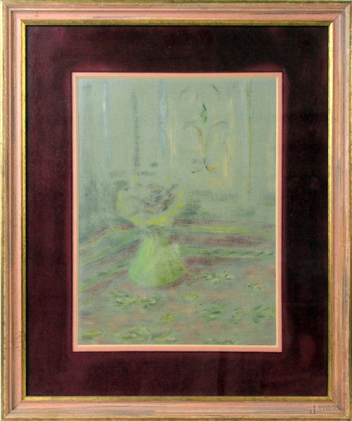 Interno con figura, olio su cartone telato, cm 40x30, XX secolo, entro cornice.