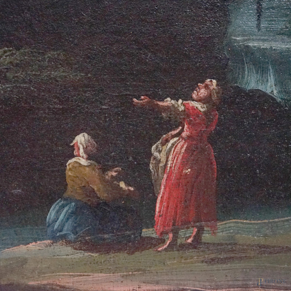 Pittore veneto del XVIII secolo, coppia di paesaggi fluviali con rovine e figure, cm 58x74, entro...