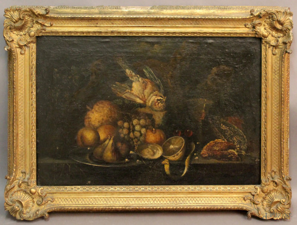 Natura morta, Cacciagione, frutta ed ortaggi, olio su tela, primi Novecento, cm 50 x 74, entro cornice.