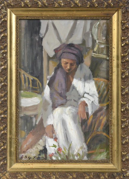 Fanciulla seduta, XX secolo, olio su cartone, cm 35x23, firmato in basso a sinistra, entro cornice