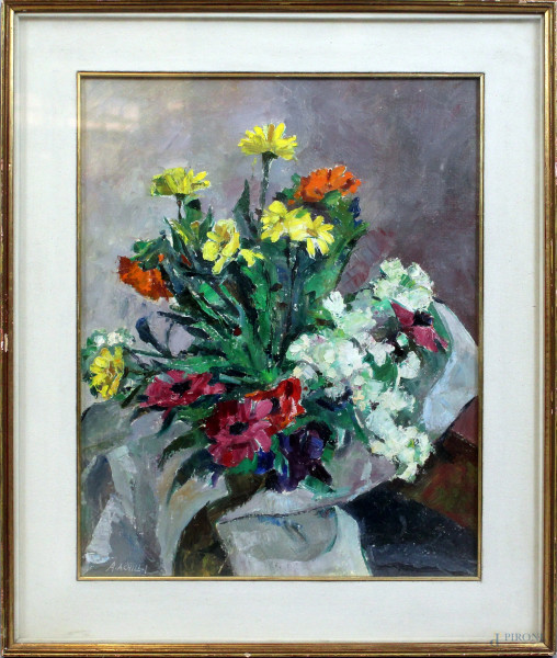 Antonio Achilli - Natura morta - Vaso di fiori, olio su cartone telato, cm 48x38