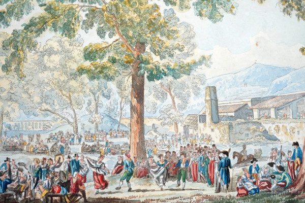 Angelo Uggeri (attr. a), Festa popolare e Villa del Belvedere, inchiostro e acquerello su carta, ...
