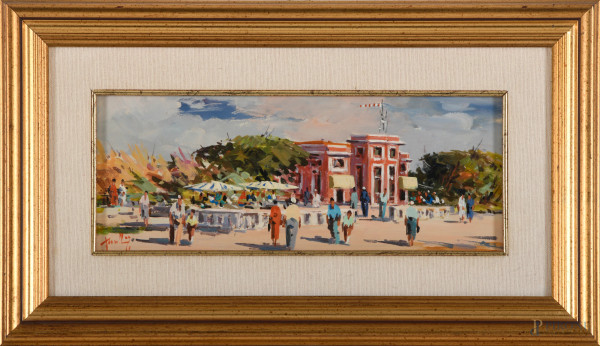 Un pomeriggio assolato al parco, acrilico su tavoletta, XX secolo, cm 11x29 entro cornice, firmato in basso a sinistra