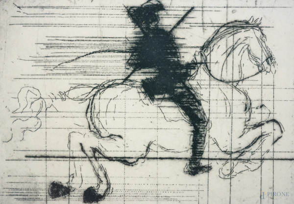 Due incisioni raffiguranti la chiesa di Saint-Pierre de Chateloy e un cavaliere a cavallo, monogr...