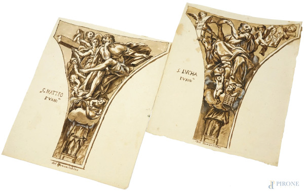 Anonimo del XVIII secolo, Coppia di disegni raffiguranti S.Luca e S.Matteo Evangelista, inchiostro bruno, biacca ed acquarello su carta vergata, cm 29,5x25, (difetti)