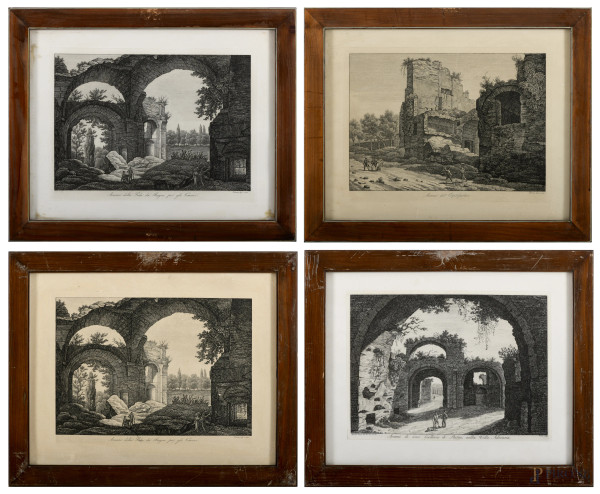 Agostino Penna (1807-1881), Serie di 4 vedute di Roma, cm 33x46, entro cornice (difetti, gore)