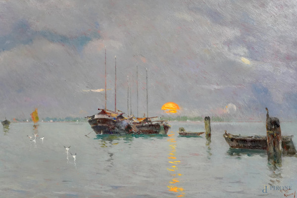 Laguna di Venezia, XIX secolo, olio su tavola, firmato, cm 31x45,2, entro cornice