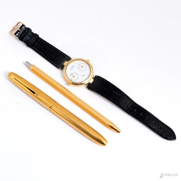 Lotto composto da due penne e un orologio Mikono Quartz, (da revisionare, difetti)