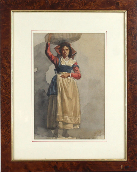 Pittore del XIX secolo, Popolana con cesta, acquarello su carta, cm. 24x16, entro cornice.