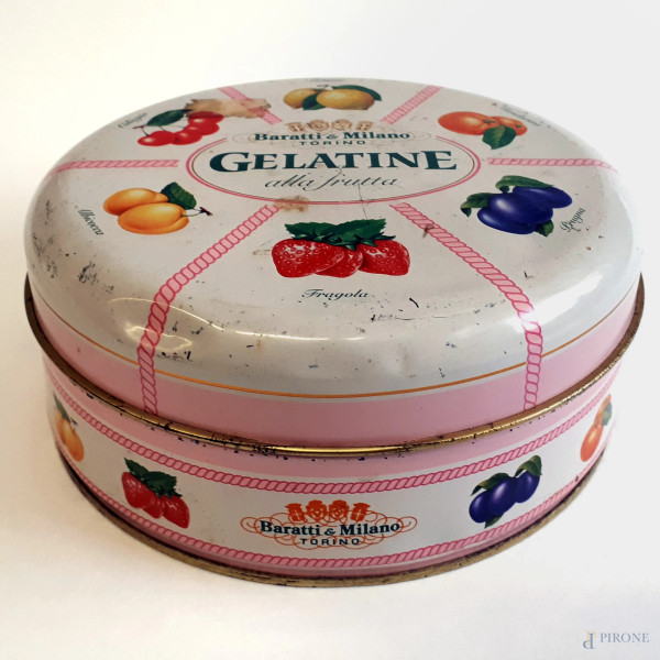Baratti&Milano, scatola porta gelatine da collezione in banda stagnata, cm 17x8, (segni del tempo).